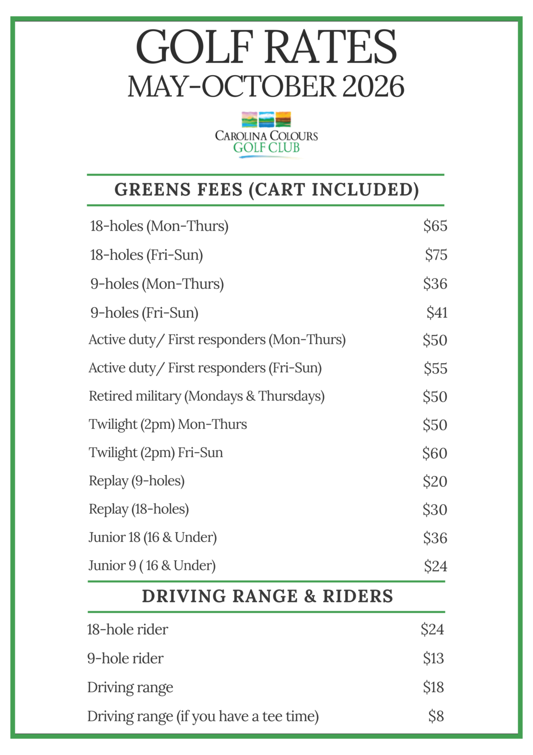 Golf – Rates – Carolina Colours Golf Club